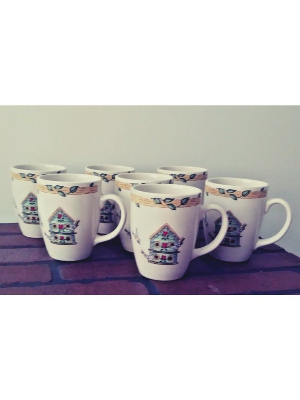 Thomson Pottery Coffee Mugs Set of 7 Birdhouse Collection Ivy Hearts Flowers EUC